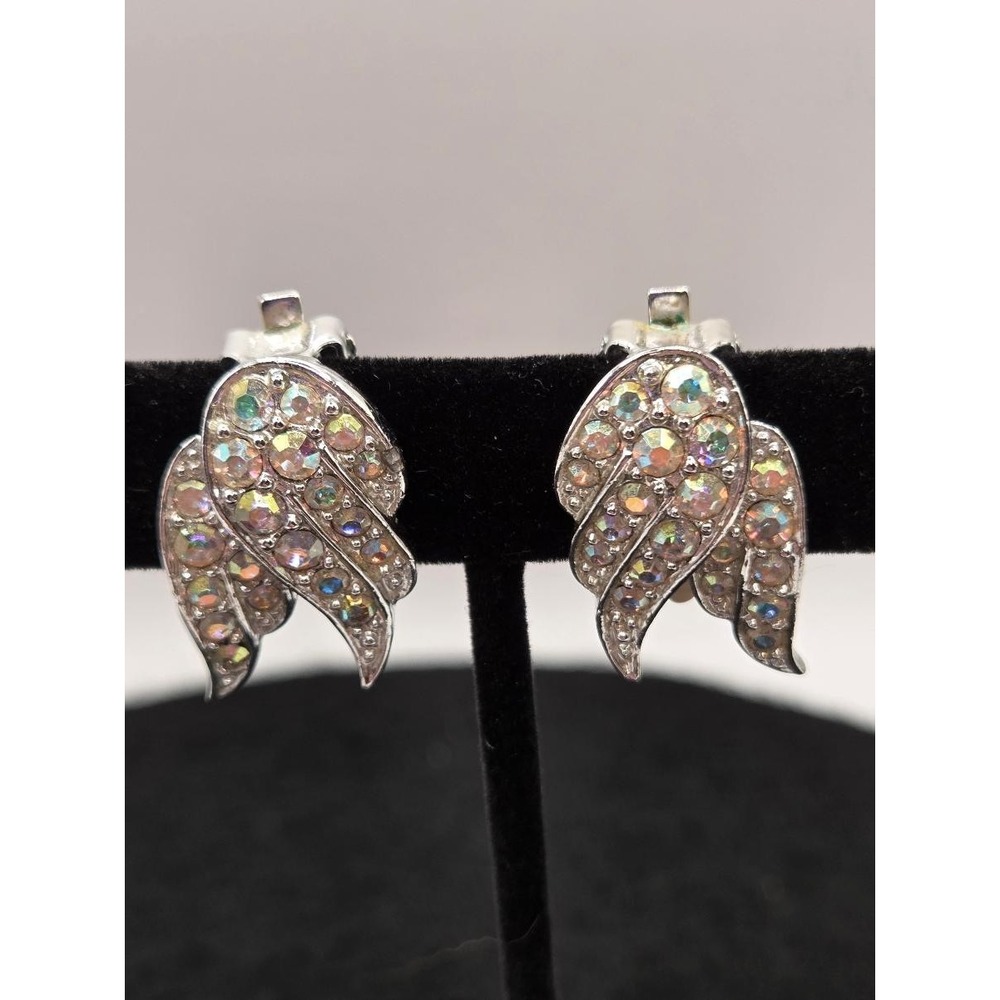 Vintage Sarah Coventry Angel Wing Clip On Earrings Aurora Borealis Rhinestone